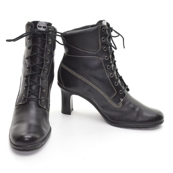 Timberland Black Leather Lace Up Heeled Booties 10 M - Picture 2 of 7